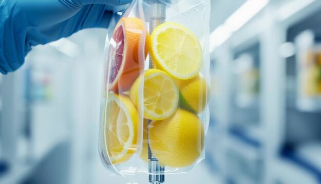 A medical IV drip bag filled with colorful fresh fruit slices (orange, lemon, kiwi, peach, blueberry), held by a hand in a blue medical glove
