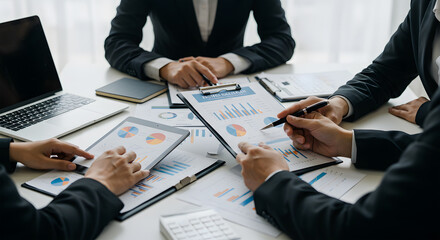 A team collaborating on a company finance project success plan with financial figures, colorful charts, pie graphs, and KPI indicators