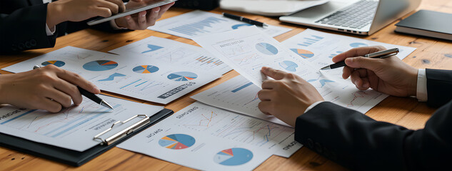 A team collaborating on a company's financial growth success plan with financial statistics, colorful charts, and pie graphs