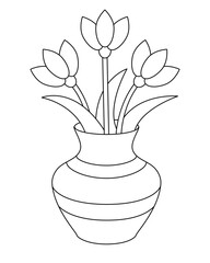 Vase with flowers - vector linear picture for coloring. Outline. Ceramic classic vase with tulips for coloring.