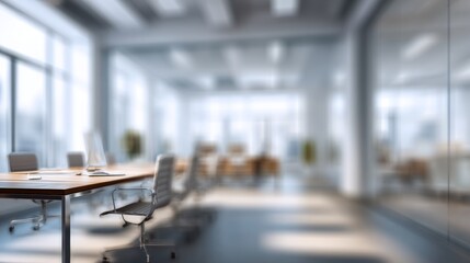 Blurred background of modern office interior with contemporary workspaces, desk setup, and professional environment for corporate, business, and productivity concepts