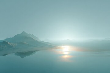 Fototapeta premium Serene, pale-toned landscape of mountains mirrored in a calm lake. A soft, pale sunrise or sunset casts a gentle glow