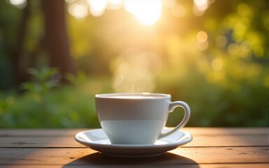 Obraz premium Coffee espresso on wood table nature background in garden,warm tone. High quality