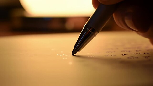 Close-up of a pen writing on paper under a warm, inviting light source above