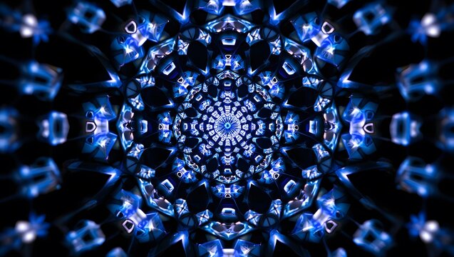 Intricate blue kaleidoscope pattern with radial symmetry and light effects - Powered by Adobe