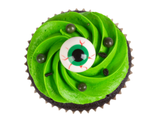  Halloween Cupcake with Green Frosting and Candy Eyeball, Top-Down Perspective, isolated on transparent background png