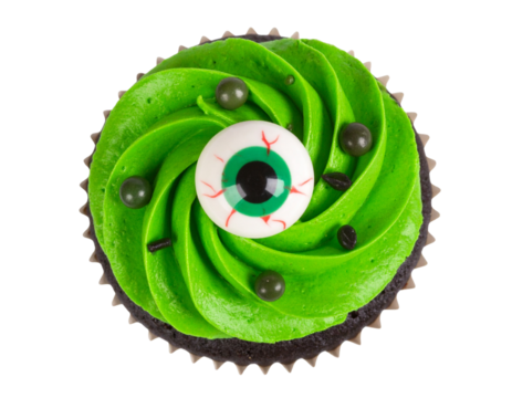  Halloween Cupcake with Green Frosting and Candy Eyeball, Top-Down Perspective, isolated on transparent background png
