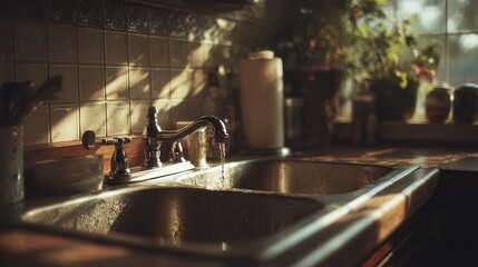 Sunlight streams through kitchen window illuminating faucet and sink during quiet morning hours
