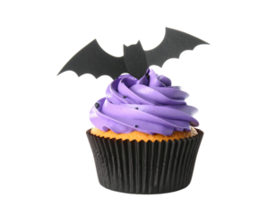 Cupcake with Purple Frosting and Bat Topper, Angled Side View, isolated on transparent background png