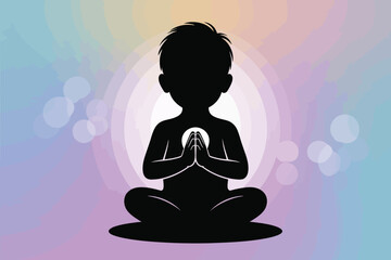 Silhouette illustration of child meditating with prayer hands and glowing aura, symbolizing mindfulness, inner peace, and emotional clarity