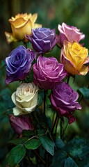 Close-up of a bouquet of colorful roses.  Soft focus, vibrant hues of yellow, purple, pink, and cream.  Detailed petals and green foliage.  Romantic, natural setting