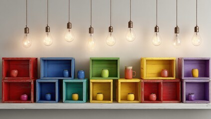 Colorful wooden crates with small objects and Edison bulbs