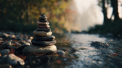 Obraz premium Stacked stones create harmony along a serene stream in a peaceful outdoor setting during late afternoon light