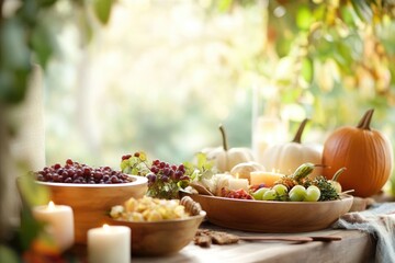 Cozy autumn table with seasonal decorations and harvest feast setting