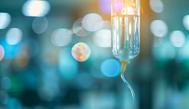 IV Drip Vitamin Infusion Therapy Saline Bag on blur doctor background