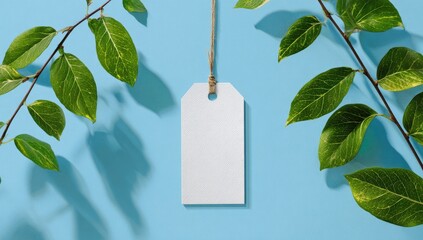 Blank paper tag, surrounded by fresh leaves on a pastel blue background