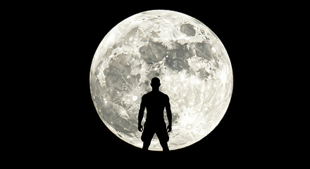 Man silhouetted against colossal luminous moon in night sky