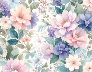 A seamless floral background pattern with pastel flowers and green leaves. Suitable for packaging, textiles, wallpaper, and elegant branding designs.