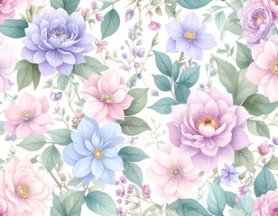 A seamless floral background pattern with pastel flowers and green leaves. Suitable for packaging, textiles, wallpaper, and elegant branding designs.
