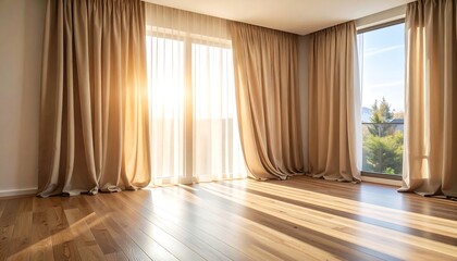 Sunlight streaming through large windows with beige curtains and wooden floor Bright with modern.