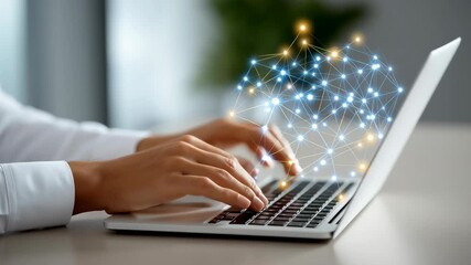 Hands typing on laptop with digital network connections forming around screen. Bright, contemporary office setting. Concept of technology, innovation, collaboration - Powered by Adobe