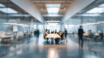 Fototapeta premium Modern blurred office interior with professional meeting setup, corporate workspace environment for teamwork, collaboration, and business strategy concepts
