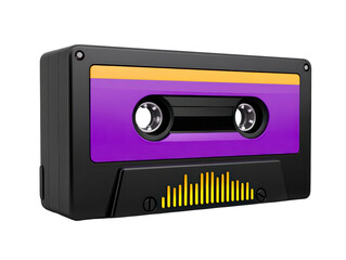 Obraz premium Purple cassette tape retro audio vintage music plastic case analog sound nostalgic yellow accent classic recording isolated 1980s style evokes memories