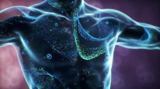 yoga breathing exercise animation with abstract flowing particles