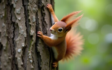 Curious red squirrel peeking behind the tree trunk. High quality