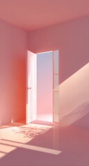 Soft pink room, open door to light. Sunlight streams in, casting shadows