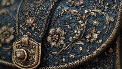 Close-up of a meticulously crafted leather handbag.  Ornate gold embroidery detailing intricate floral designs and scrollwork accents a dark navy blue leather.  