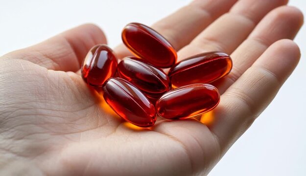 human hand holding several glossy red softgel capsules, realistic skin texture, white bright studio lighting
