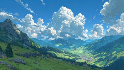 Fototapeta premium Panoramic vista of a valley nestled amongst alpine peaks. Lush green meadows and scattered villages are nestled in a valley, framed by rugged, 