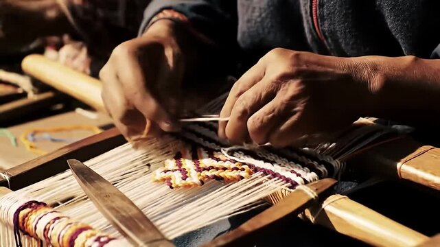 Person's hands weave colorful pattern into white threads on a wooden loom