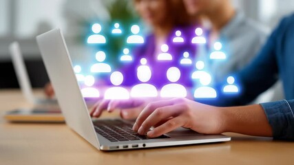 Group of diverse individuals collaborate using laptops in modern office. Clean, bright environment with greenery reflects teamwork and digital engagement. Concept of business, teamwork, technology - Powered by Adobe