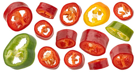 Chili pepper slices isolated on white background, full depth of field