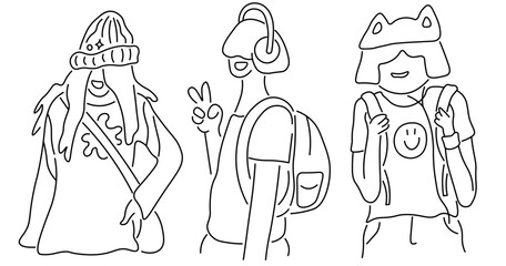 teen characters set in linear doodle style in vector. element for design postcard print sticker poster