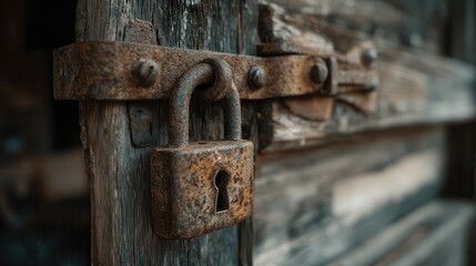 Old rusty padlock securing weathered wooden door in a rustic setting