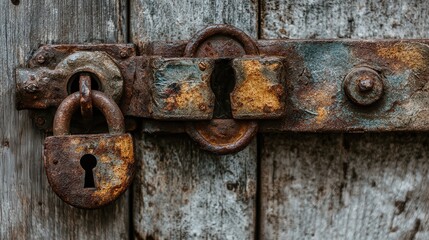 Old rusty padlock securing weathered wooden door in a rustic setting