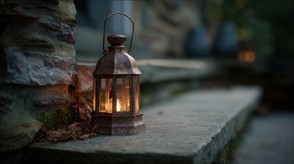 Decorative lantern illuminates stone steps at dusk, creating a warm and inviting atmosphere for evening gatherings