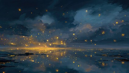 Golden lanterns float over a still body of water at twilight.  A vast expanse of dark water reflects the sky, filled with soft clouds and countless golden lights