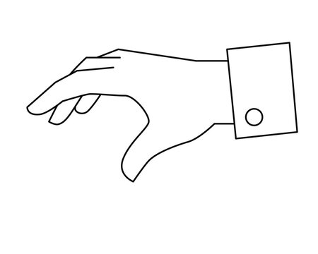 Hand reaching out to grab something and cuff of sleeve - vector linear image for coloring, logo or pictogram. Outline. Human palm