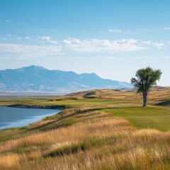 Obraz premium Pristine golf course by a serene lake, majestic mountains in the background