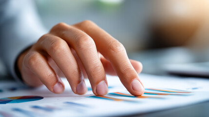 Fototapeta premium Labor market report discussion with hand pointing on business chart showing growth and analysis