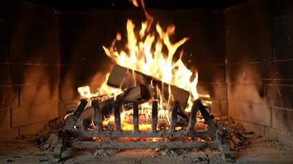 Fire burns brightly in a brick fireplace, radiating warmth and light