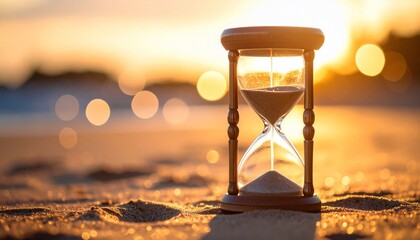 Hourglass at sunset with blurring background, symbolizing passing time and life's moments
