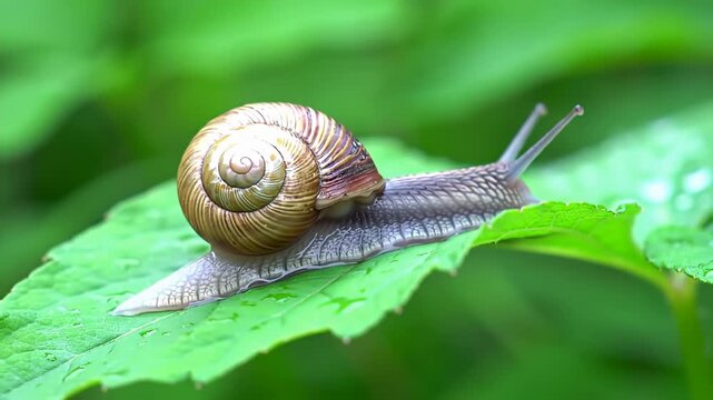 Snail glides across vibrant green leaf, displaying its intricately patterned shell