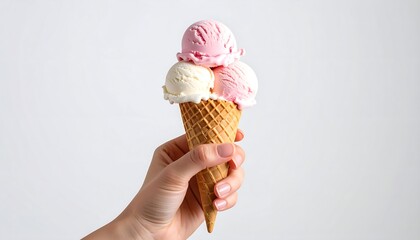 hand holding a large ice cream in a waffle cone on a white background