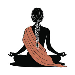 Stylized silhouette of person meditating cross-legged with braided hair and draped cloth, symbolizing mindfulness, peace, and inner reflection