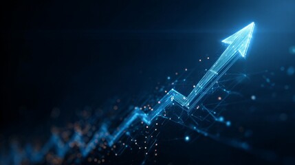 Business growth concept with rising arrow, digital financial data, market strategy charts, and technology-inspired circuit lines on dark blue background for corporate investment and profit visualizati